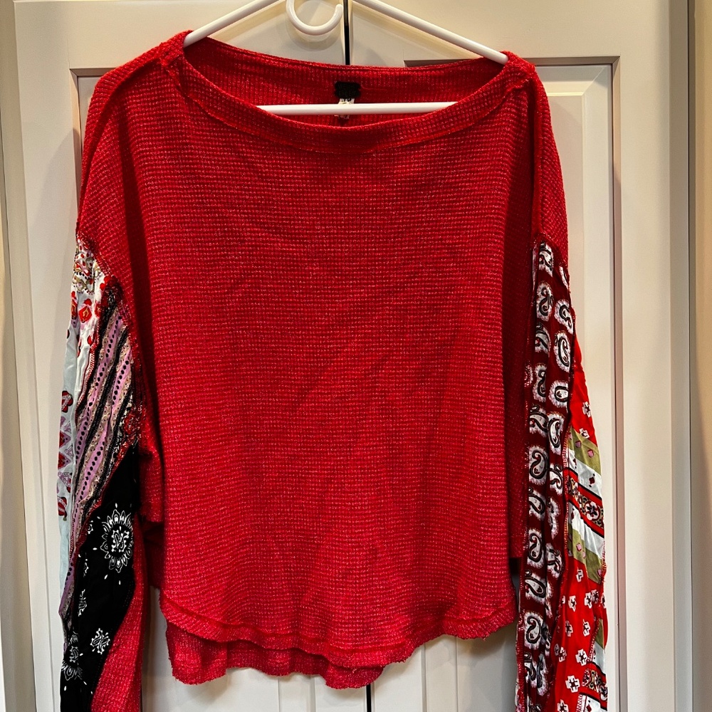 Free People Blossom Waffle Knit Balloon Patchwork Sleeve Top